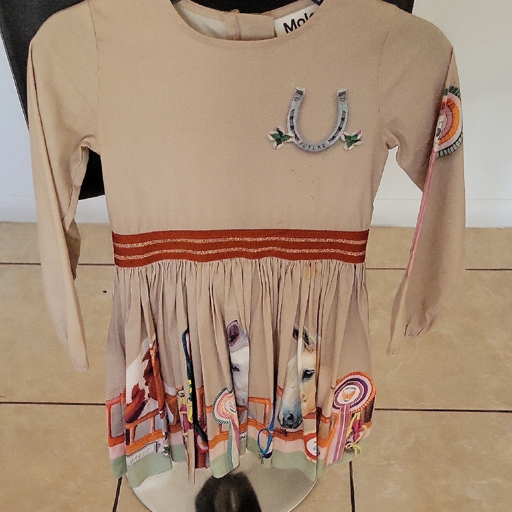 Molo Beige Long Sleeve Horse Print Dress with Embroidered Horseshoe